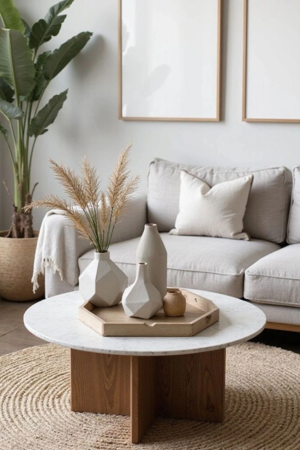 a round coffee table decorated with abstract vases