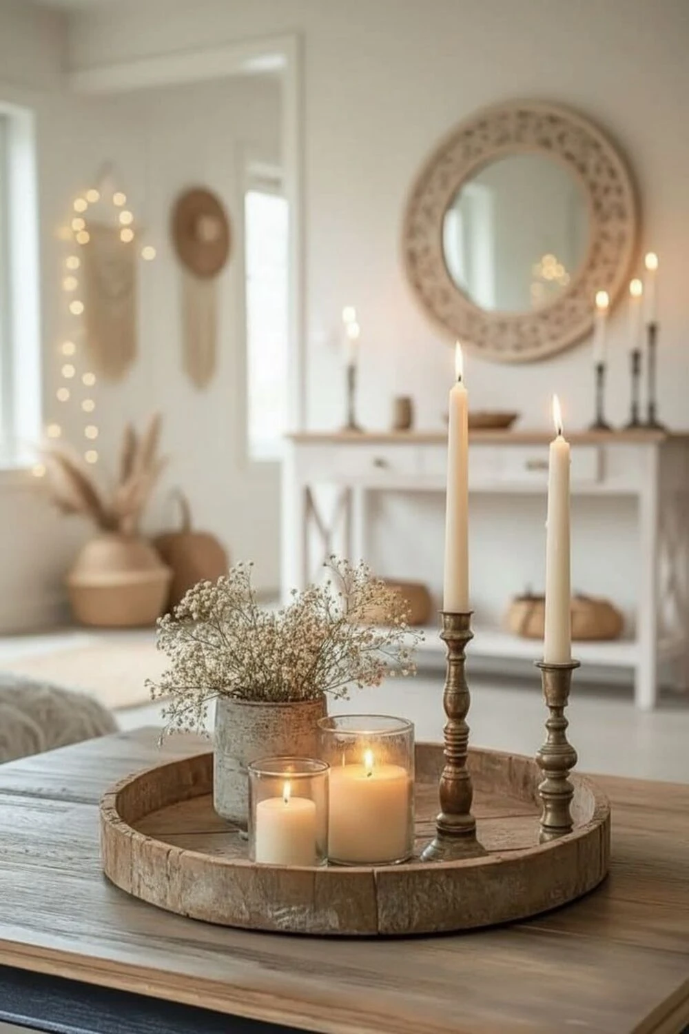 a round coffee table decorated with candles