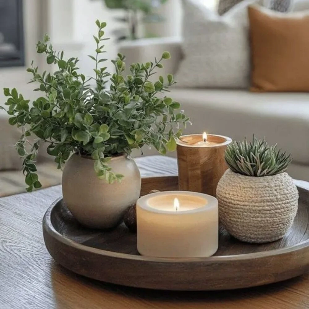 a round coffee table decorated in symmetrical layout