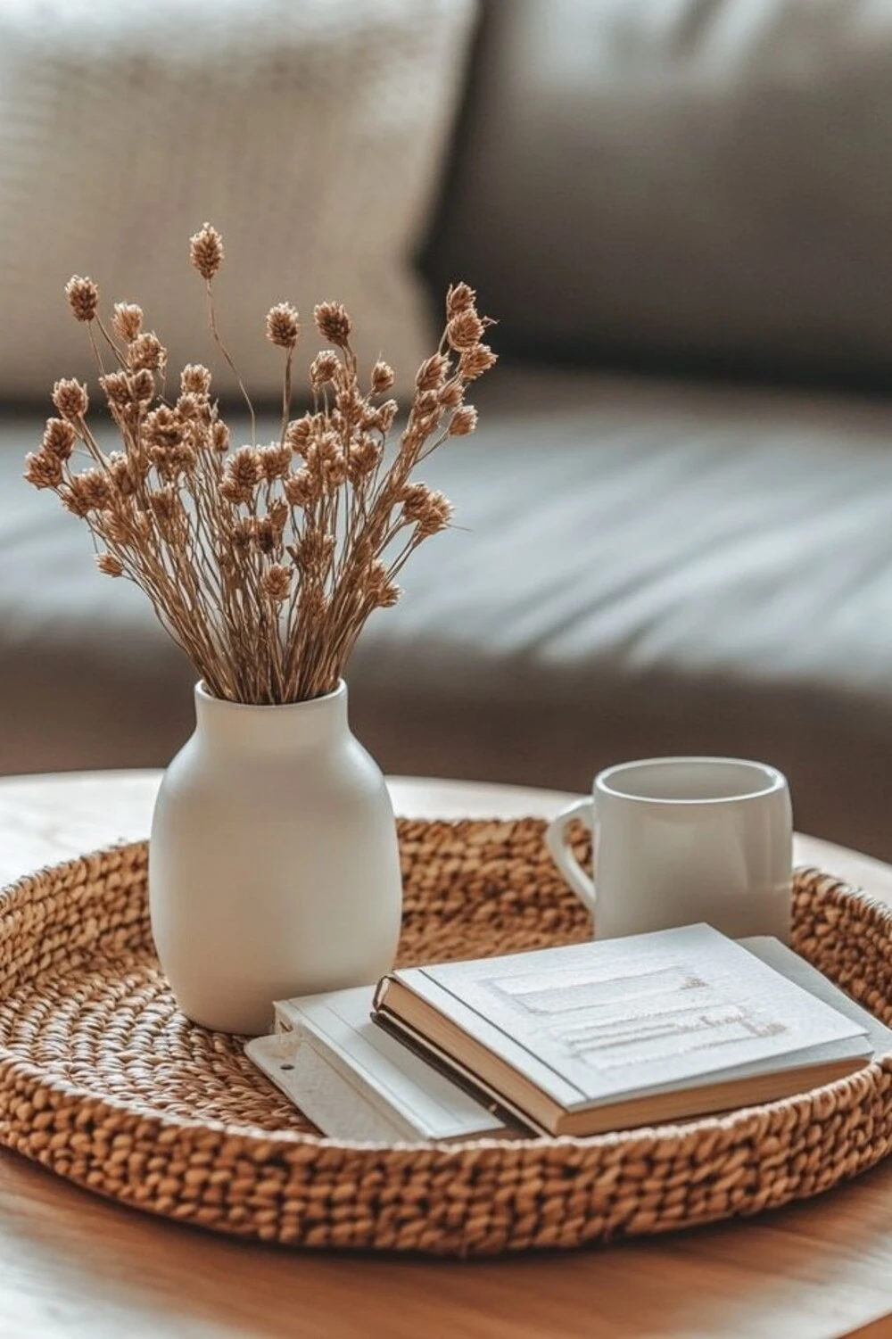 a round coffee table decorated with rattan tray and porcelain vase