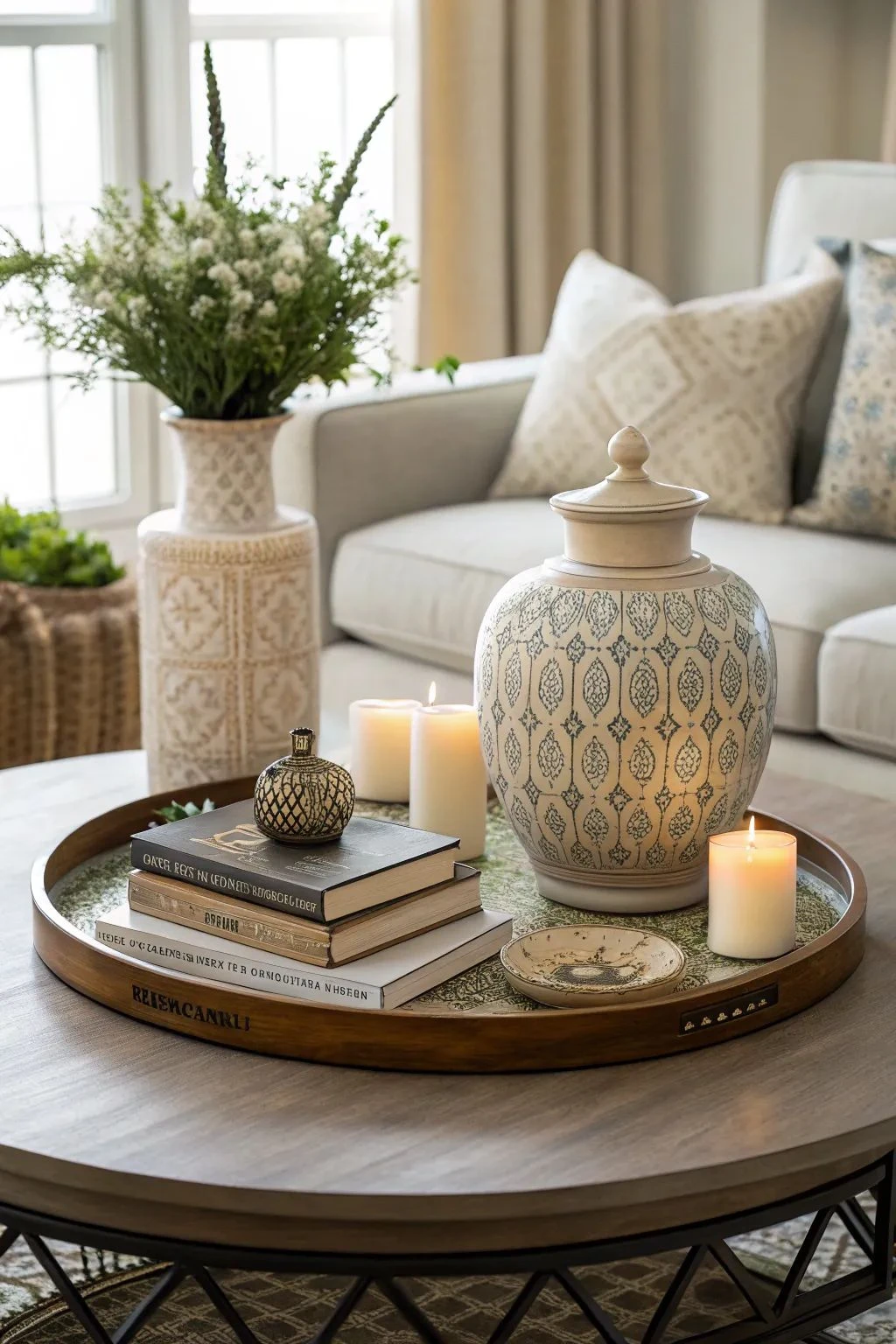 a round coffee table decorated with a wooden tray