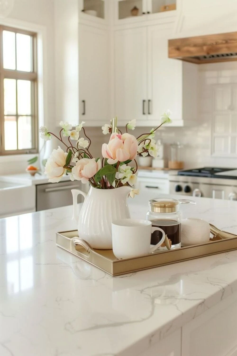 a coffee table tray decorated with coffee mug and sugar jar