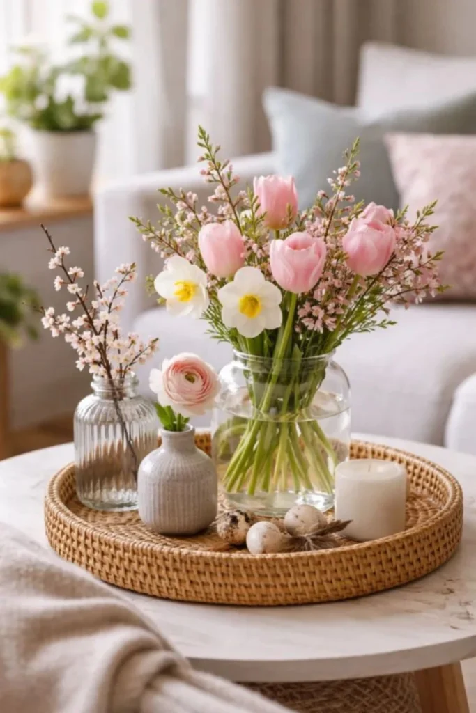 a coffee table tray decorated with pink flower in glass, vase and candle