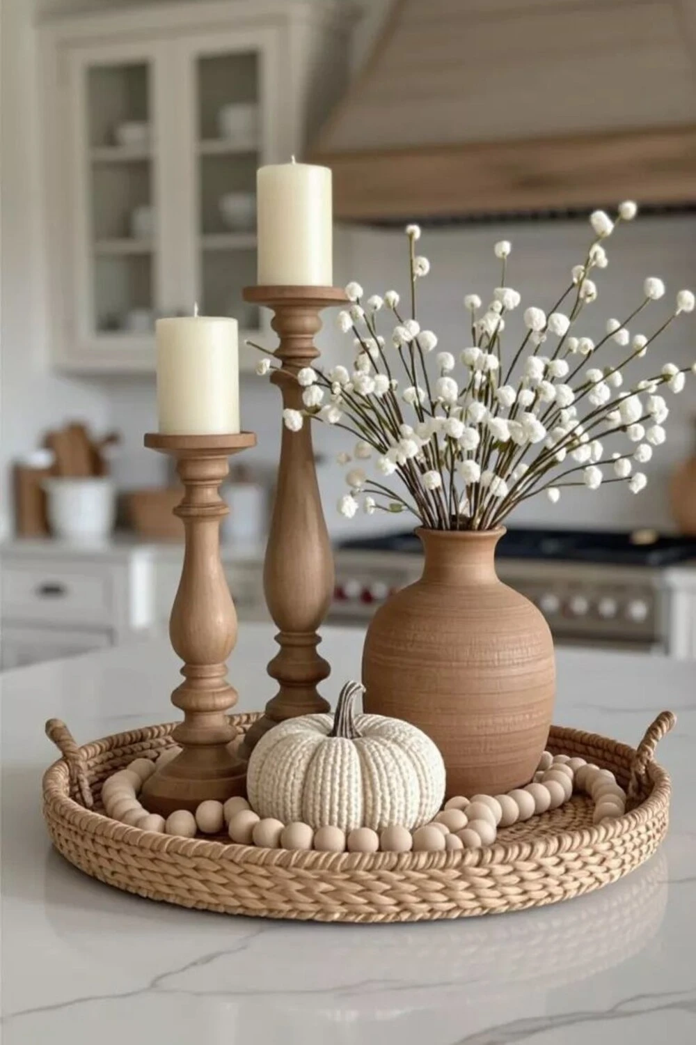 a coffee table tray decorated with wooden bead