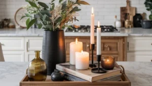 a square wood tray with books, candles, and a vase on kitchen island