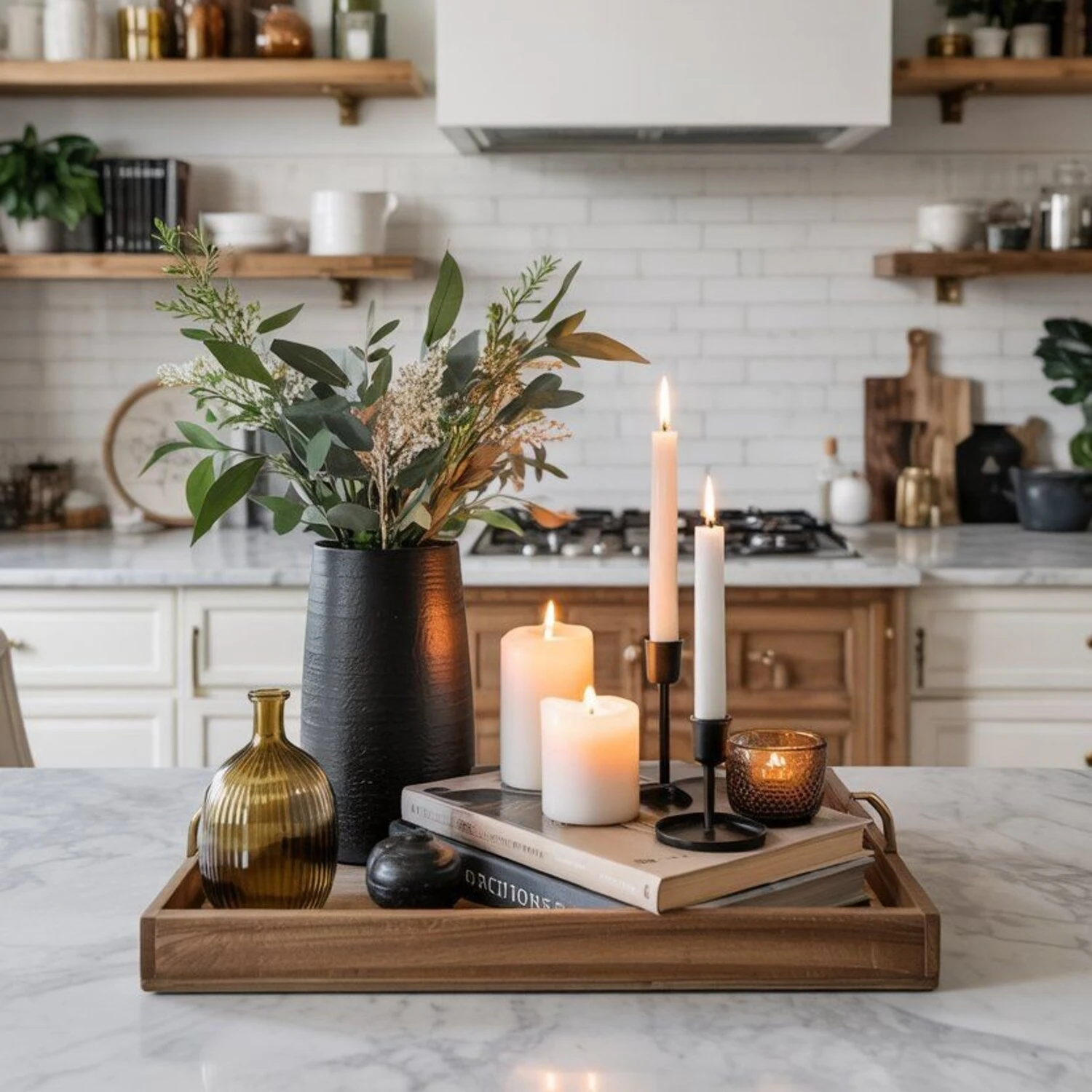 a deep wood tone tray with candles, books, and vase on kitchen island