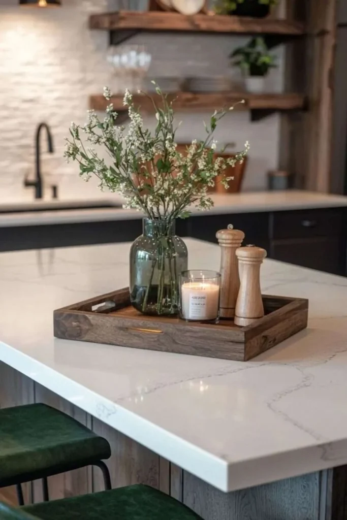 a kitchen island with wood tray