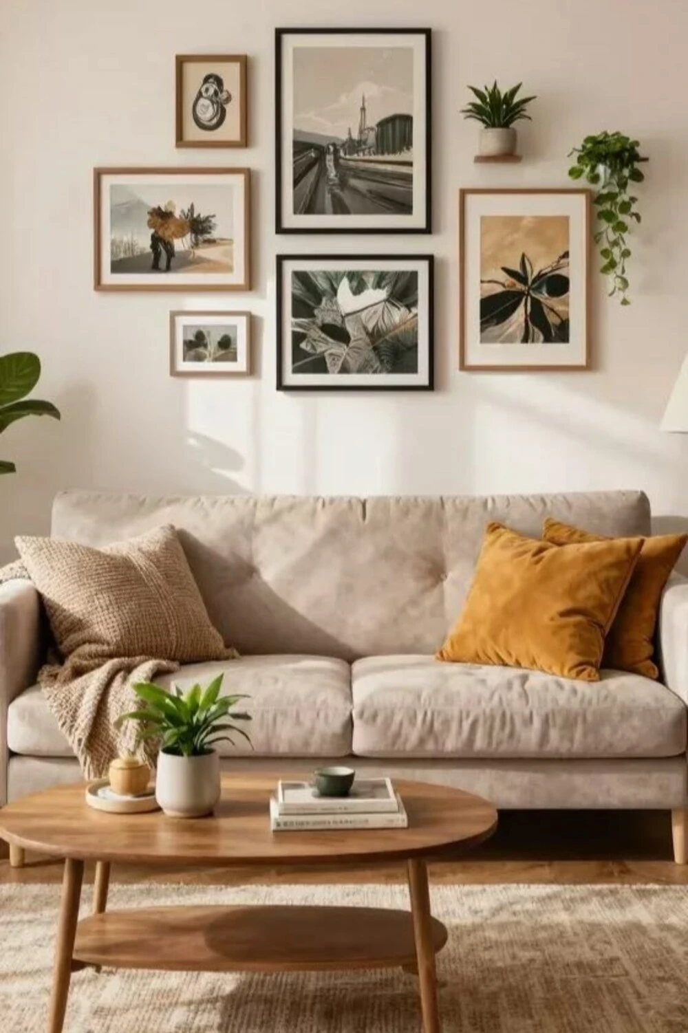 an oval coffee table with books and plant