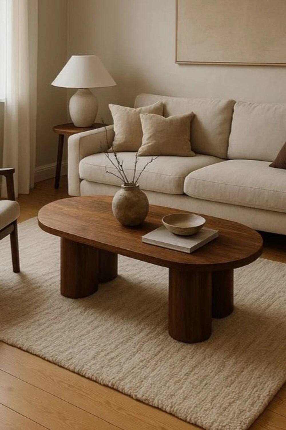 an oval coffee table with a bowl and vase