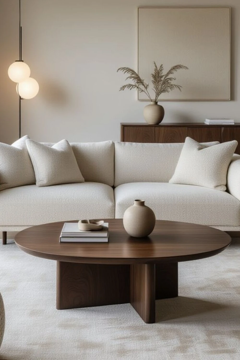 an oval coffee table with vase