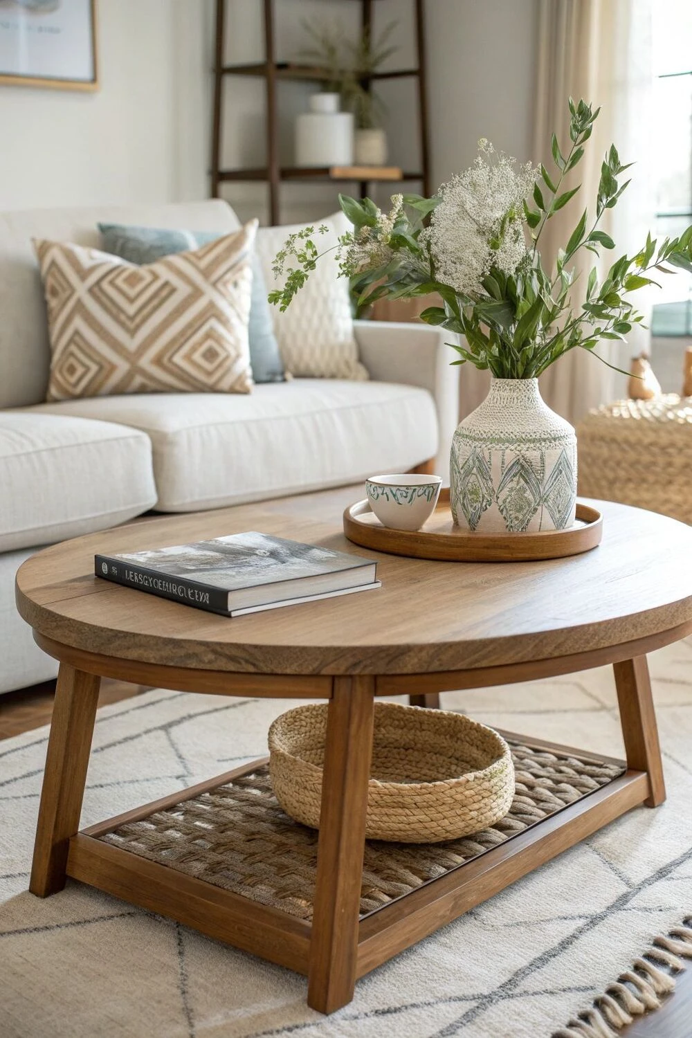 an oval coffee table with wood tray, porcelain vase and book