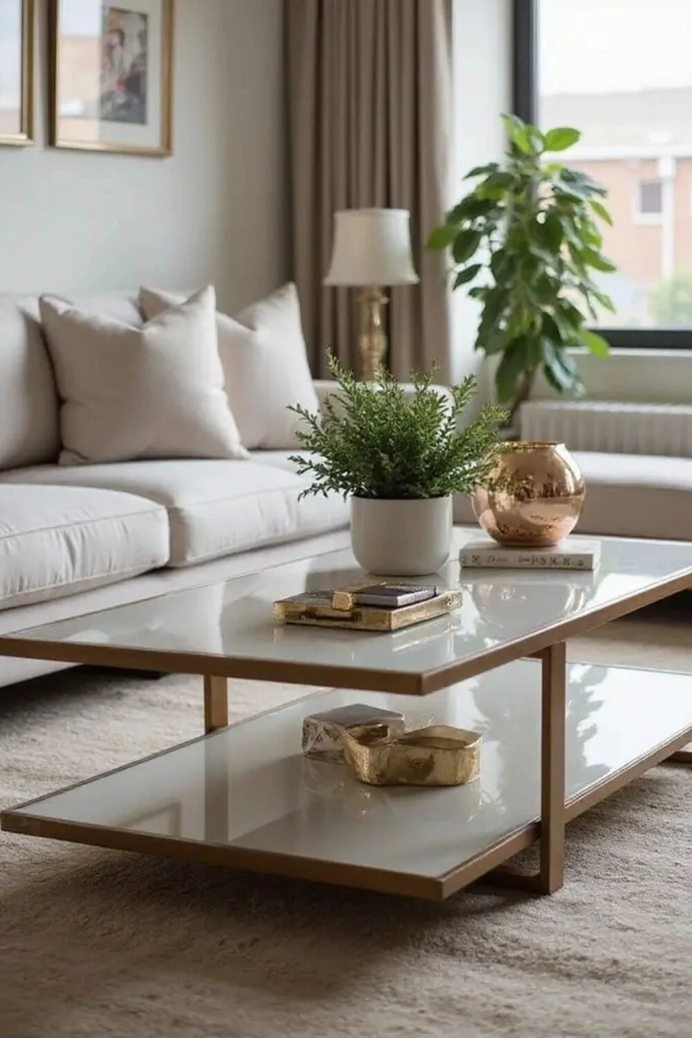 a rectangle glass coffee table with potted plant