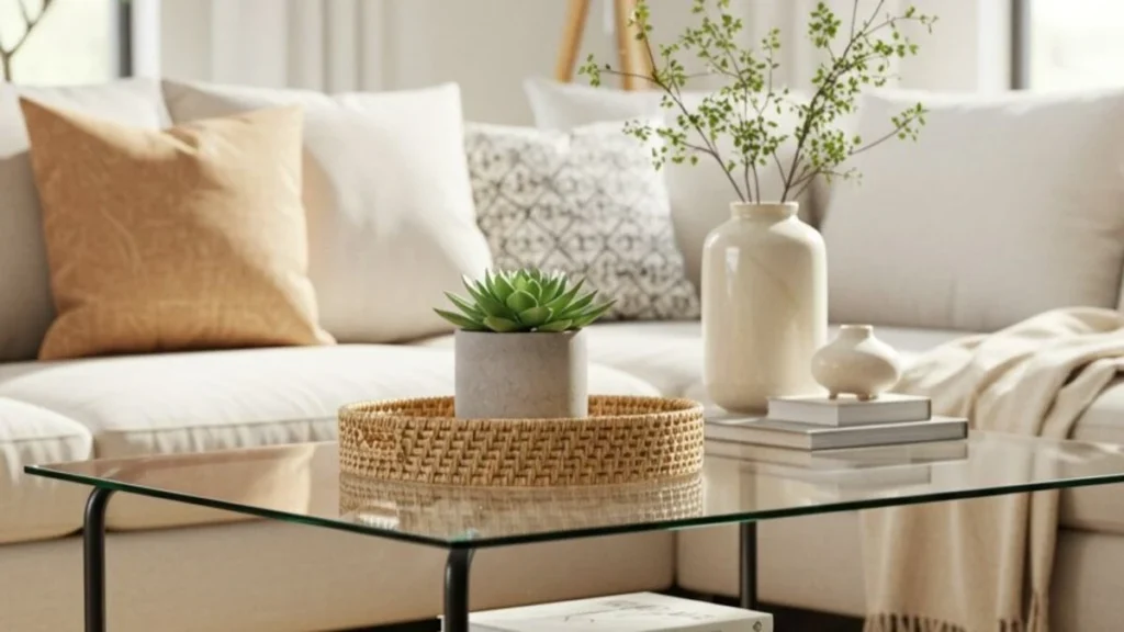 a rectangle glass coffee table with a rattan tray
