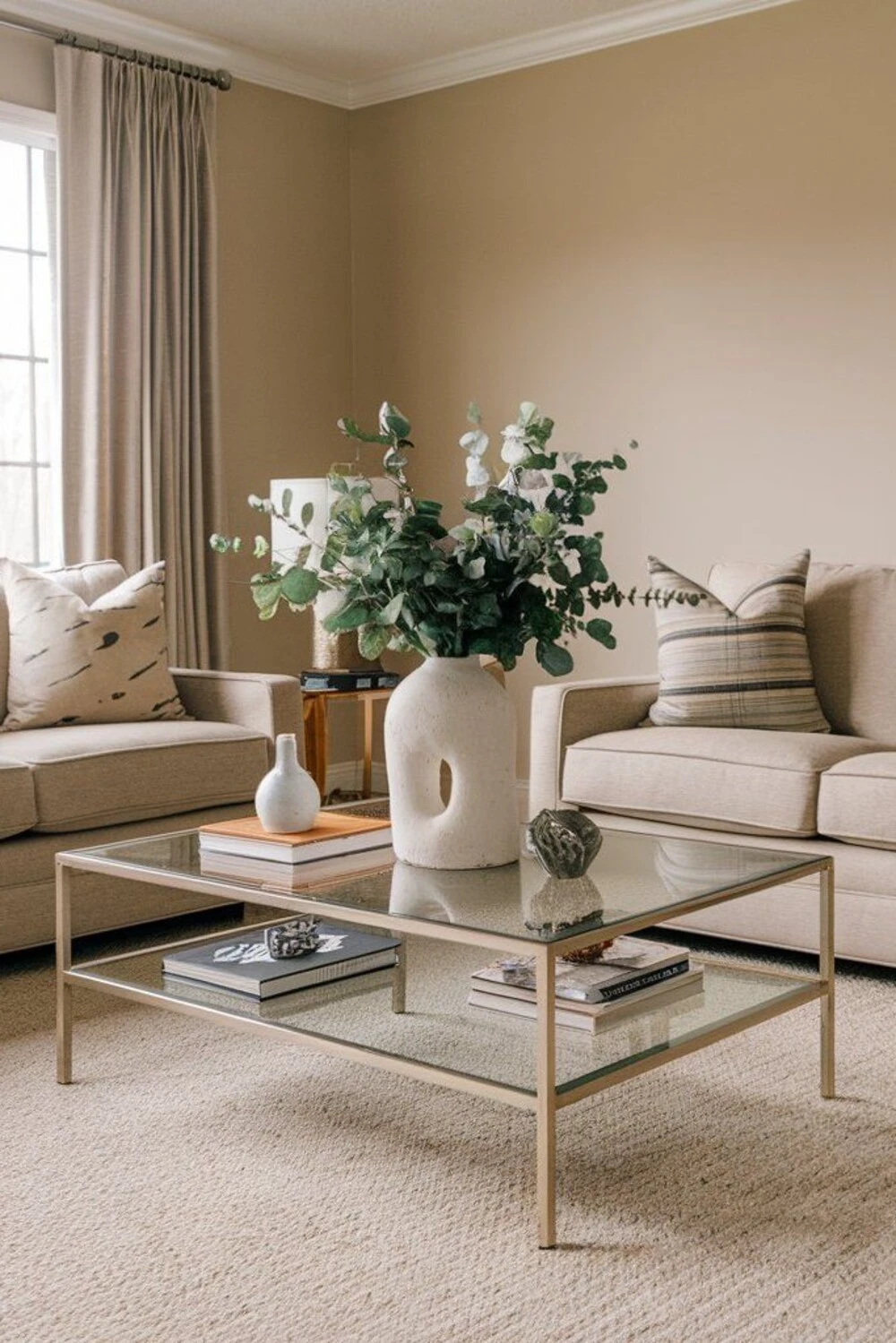 a rectangle glass coffee table with a sculpture
