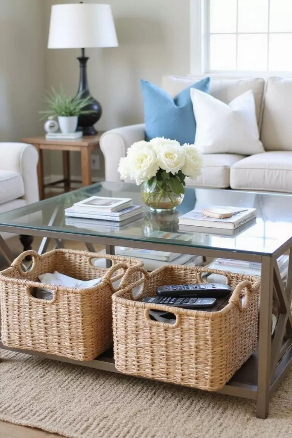 a rectangle glass coffee table with storage baskets