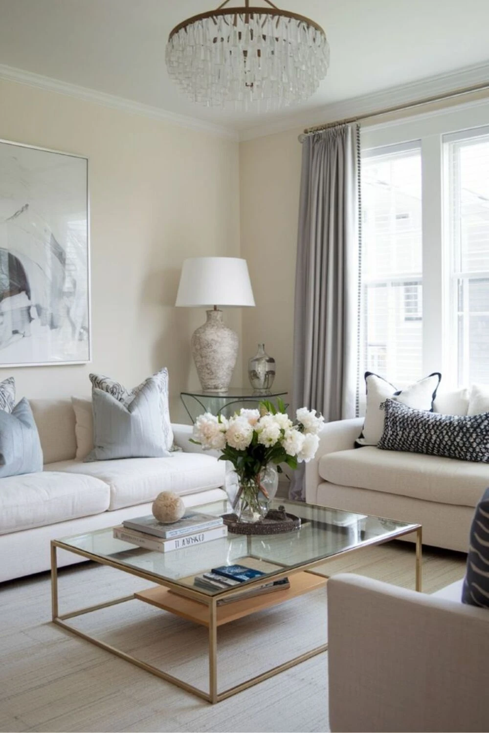 a rectangle glass coffee table with symmetrical styling
