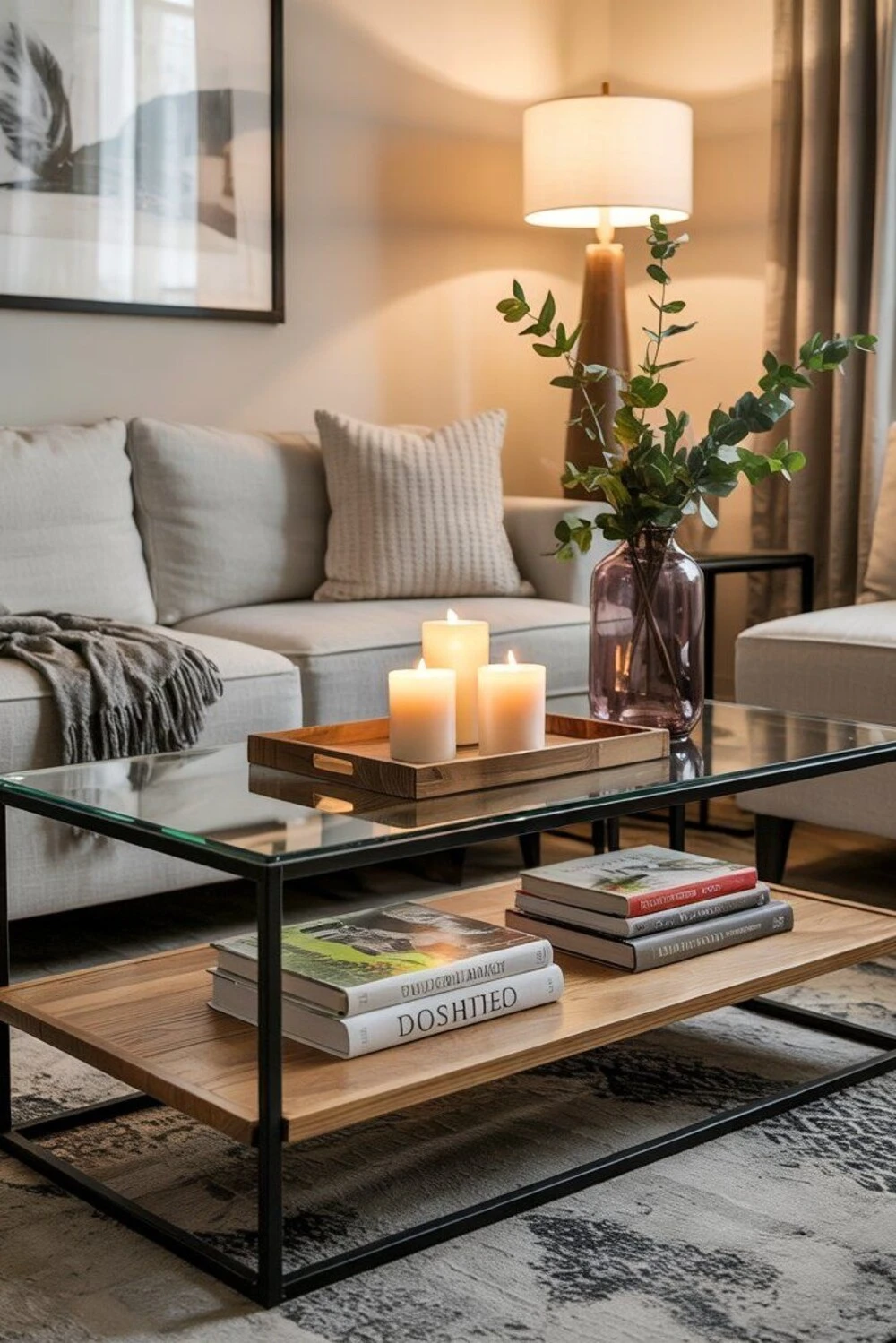 a rectangle glass coffee table with a wooden tray