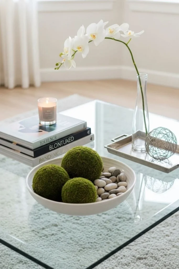 a rectangle glass coffee table decorated with ceramic bowl