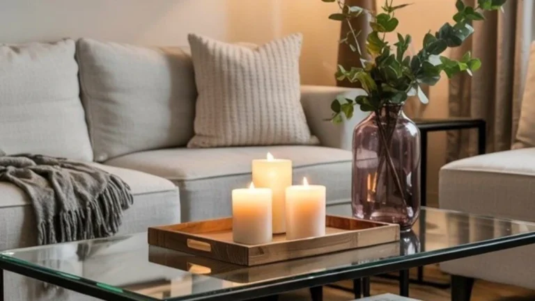 a rectangle glass coffee table tray decorated with plant and candles