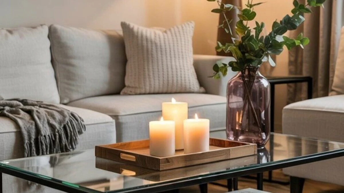 a rectangle glass coffee table tray decorated with plant and candles