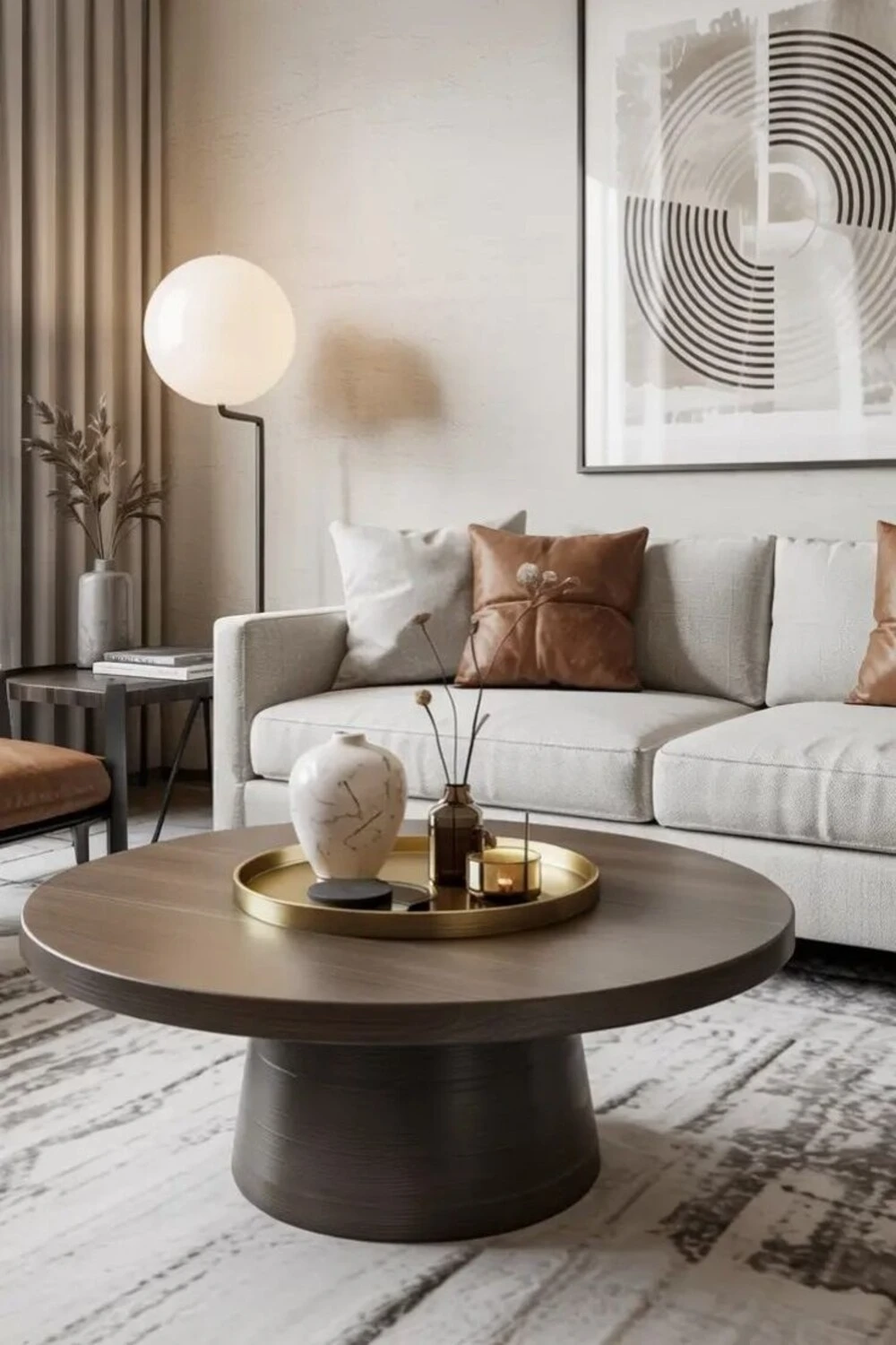 a round coffee table with metal tray and scent on it