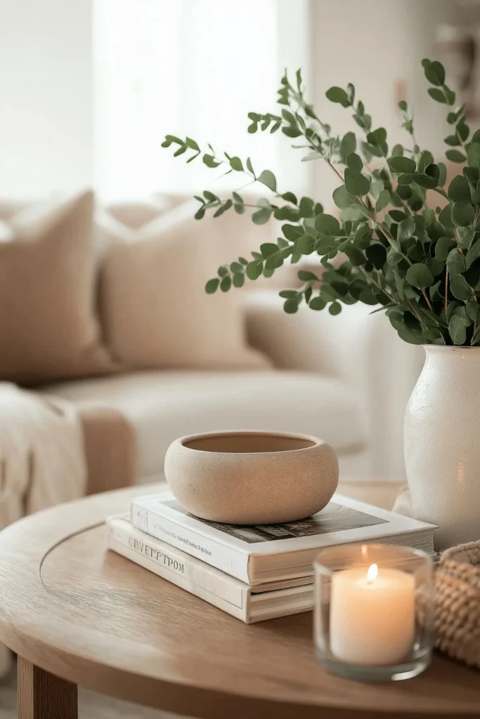a round coffee table decorated with marble bowl, books, and plant