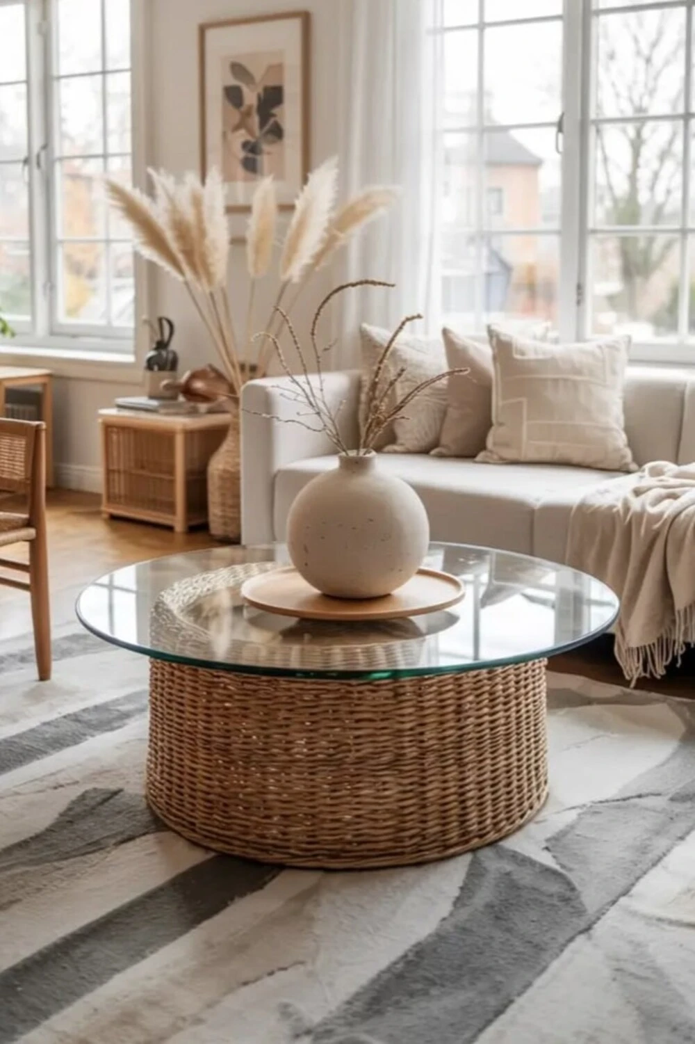 a round glass coffee table with a big vase in the middle