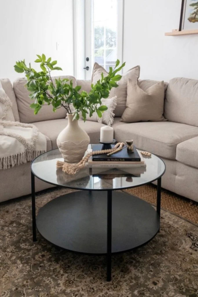a round glass coffee table with bone bead, plants, and books