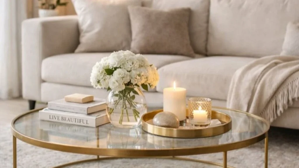 a round glass coffee table with candles and brass tray