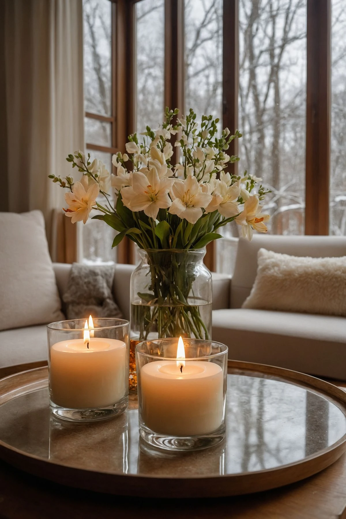 a round glass coffee table with candles and flower