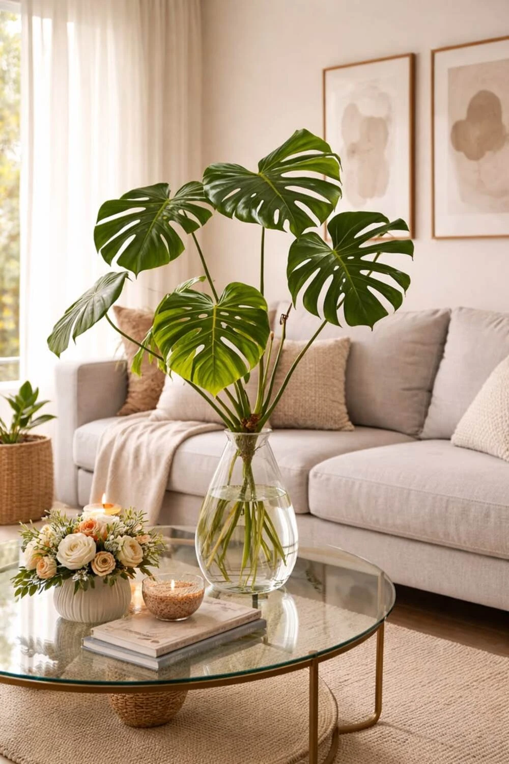 a round glass coffee table with a bottle of monstera leaves