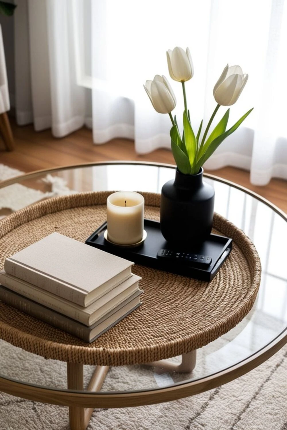 a round glass coffee table with a round rattan tray with decor on it