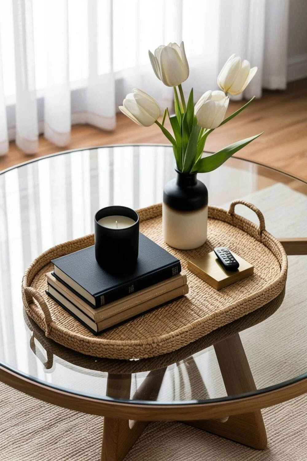 a round glass coffee table tray decorated with books, flowers, and candle