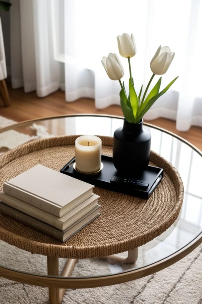 a simple coffee table with books, tray and vase