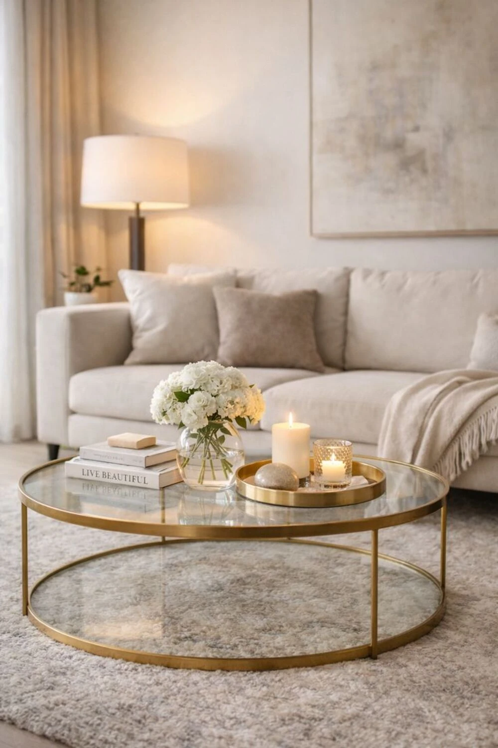 a round glass coffee table tray decorated with spring flower