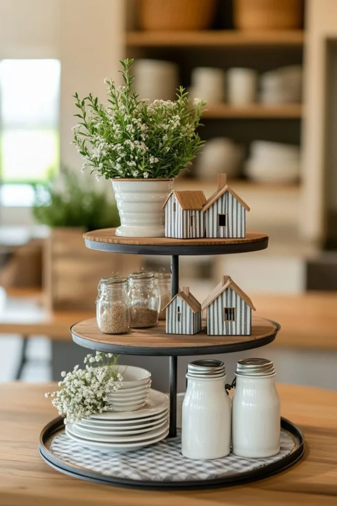 a tiered tray on kitchen countertop