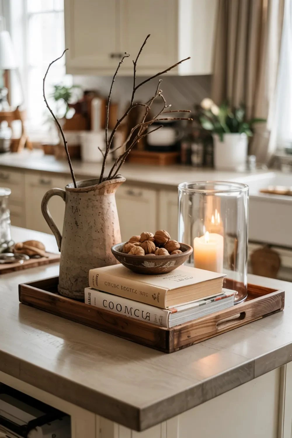 a kitchen island countertop decorated in rustic style