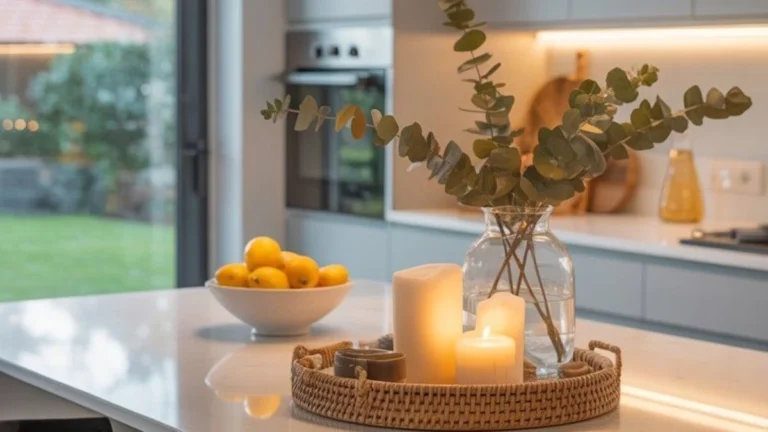 a kitchen island countertop decorated with tray, candles, and fruits plant