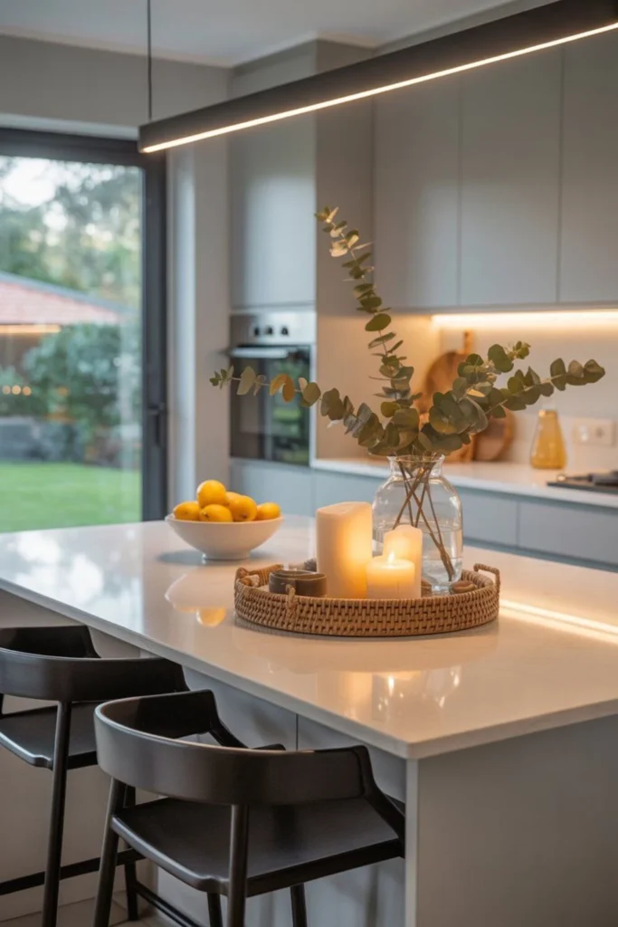 a kitchen island countertop decorated with candles fruits plant in tray