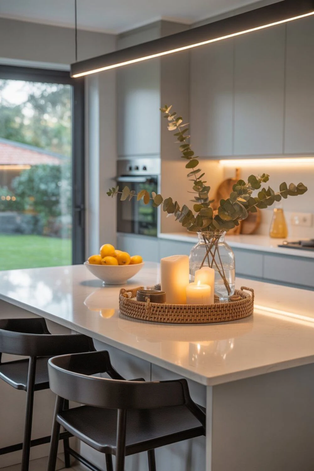 a kitchen island countertop decorated with candles, fruits, and plant in tray