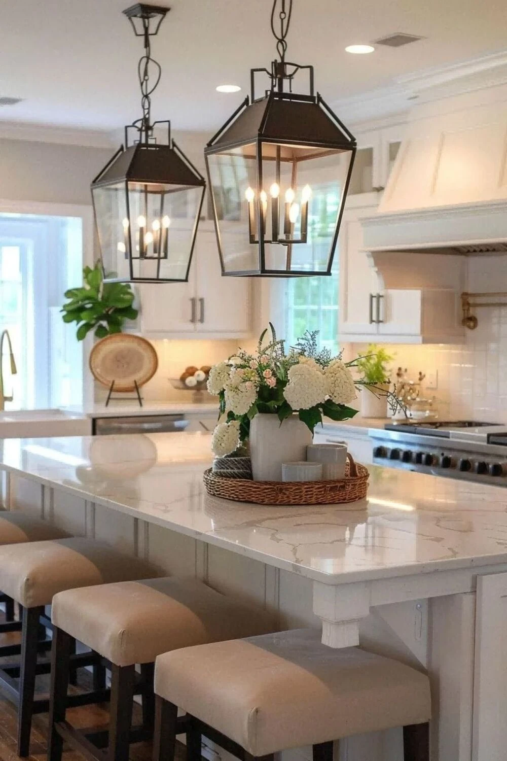 a large kitchen island decorated with a big vase