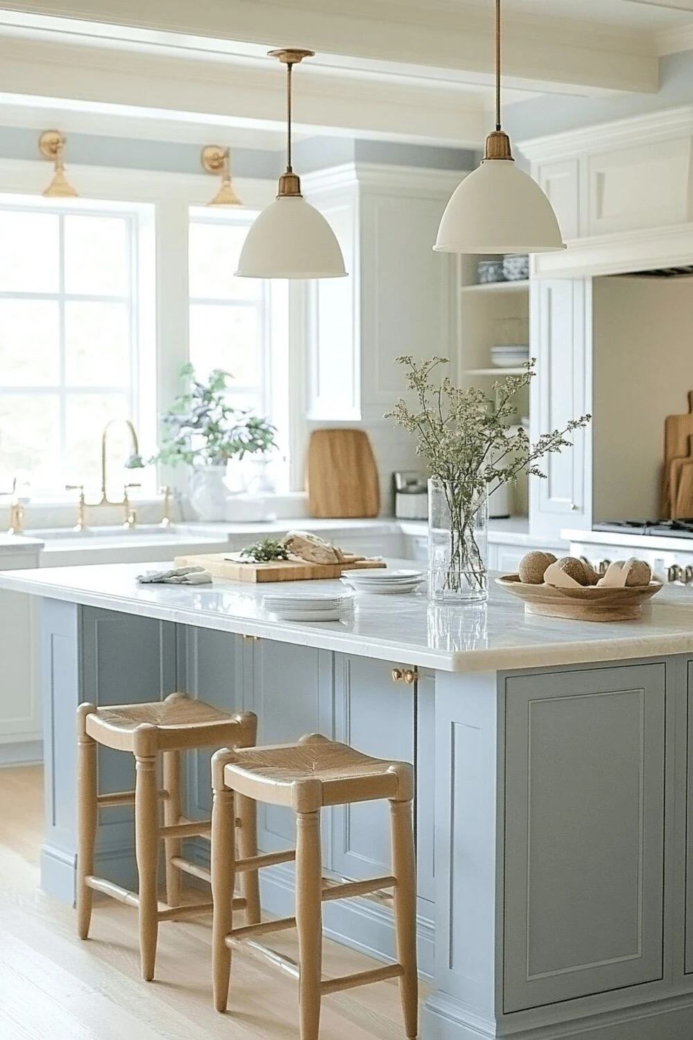 a large kitchen island decorated with bread bowl, cutting board, and plant