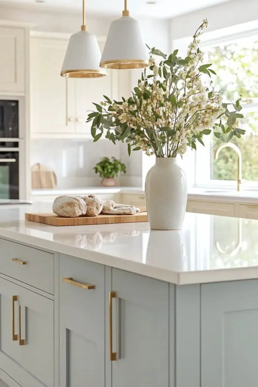 a large kitchen island decorated with cutting board and vase
