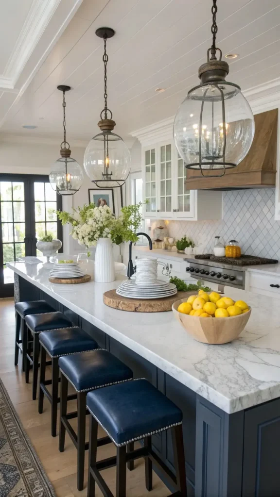 a large kitchen island countertop with fruit bowl, plates, and flowers