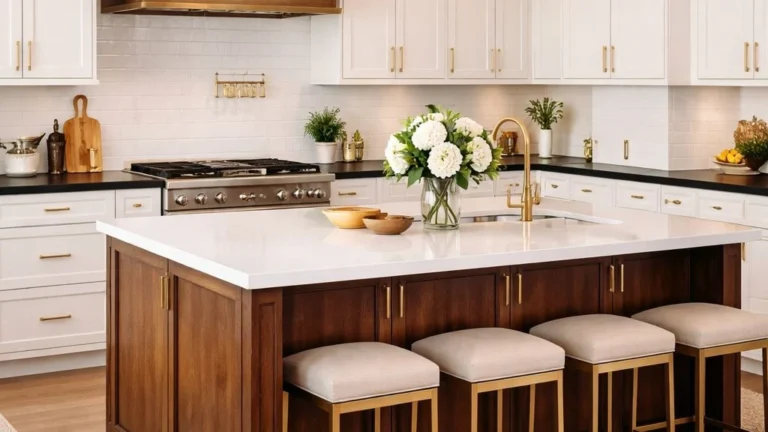 a large kitchen island with wooden bowls and plant