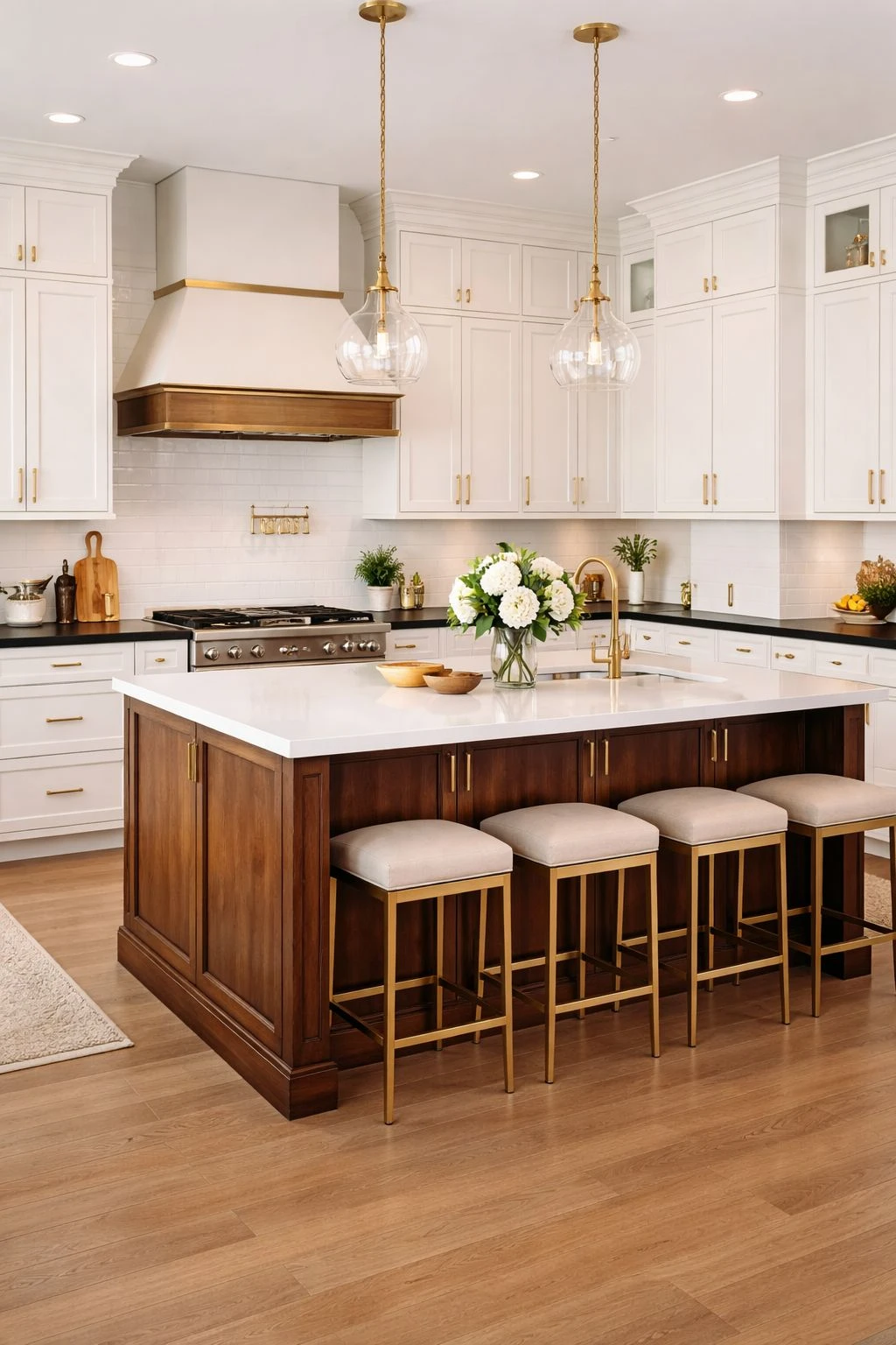 a large kitchen island decorated with wooden bowls