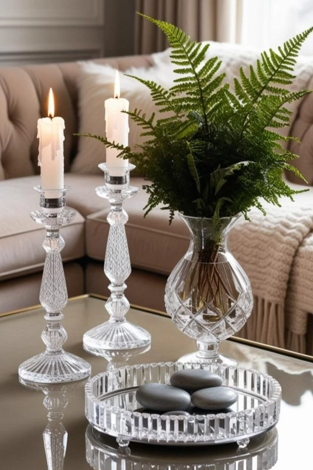 a few crystal candle holders on coffee table