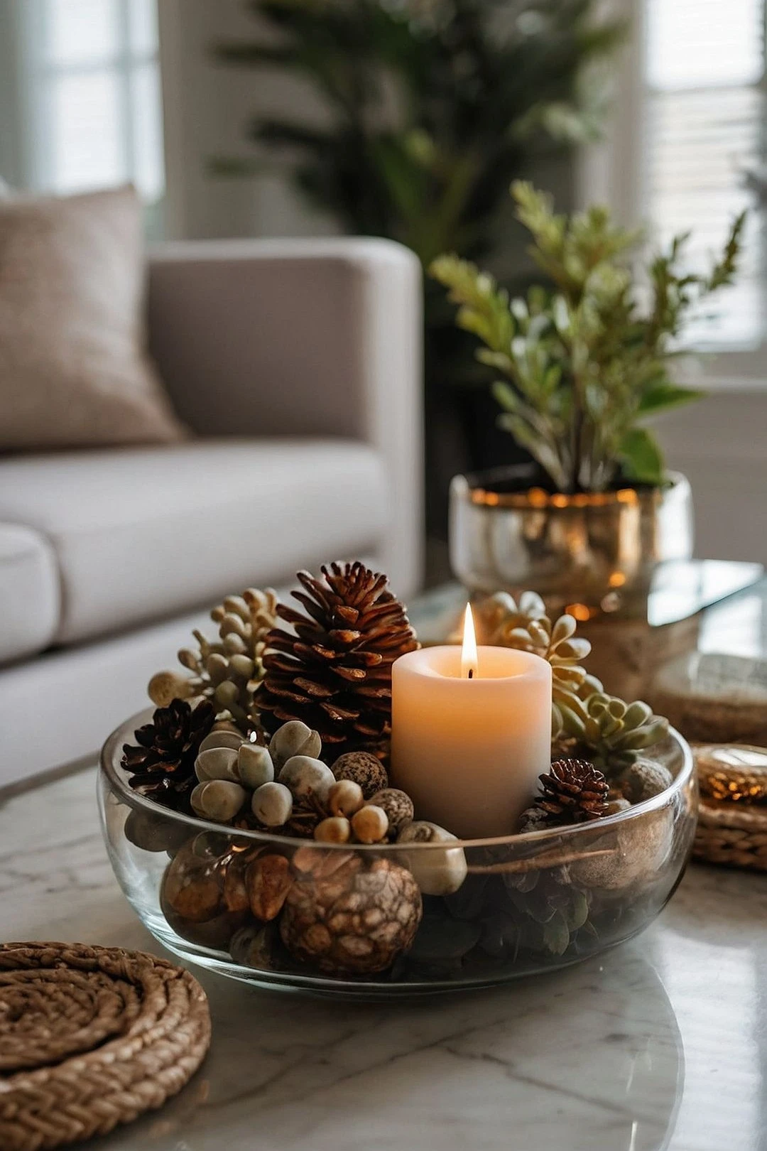 a glass bowl on coffee table