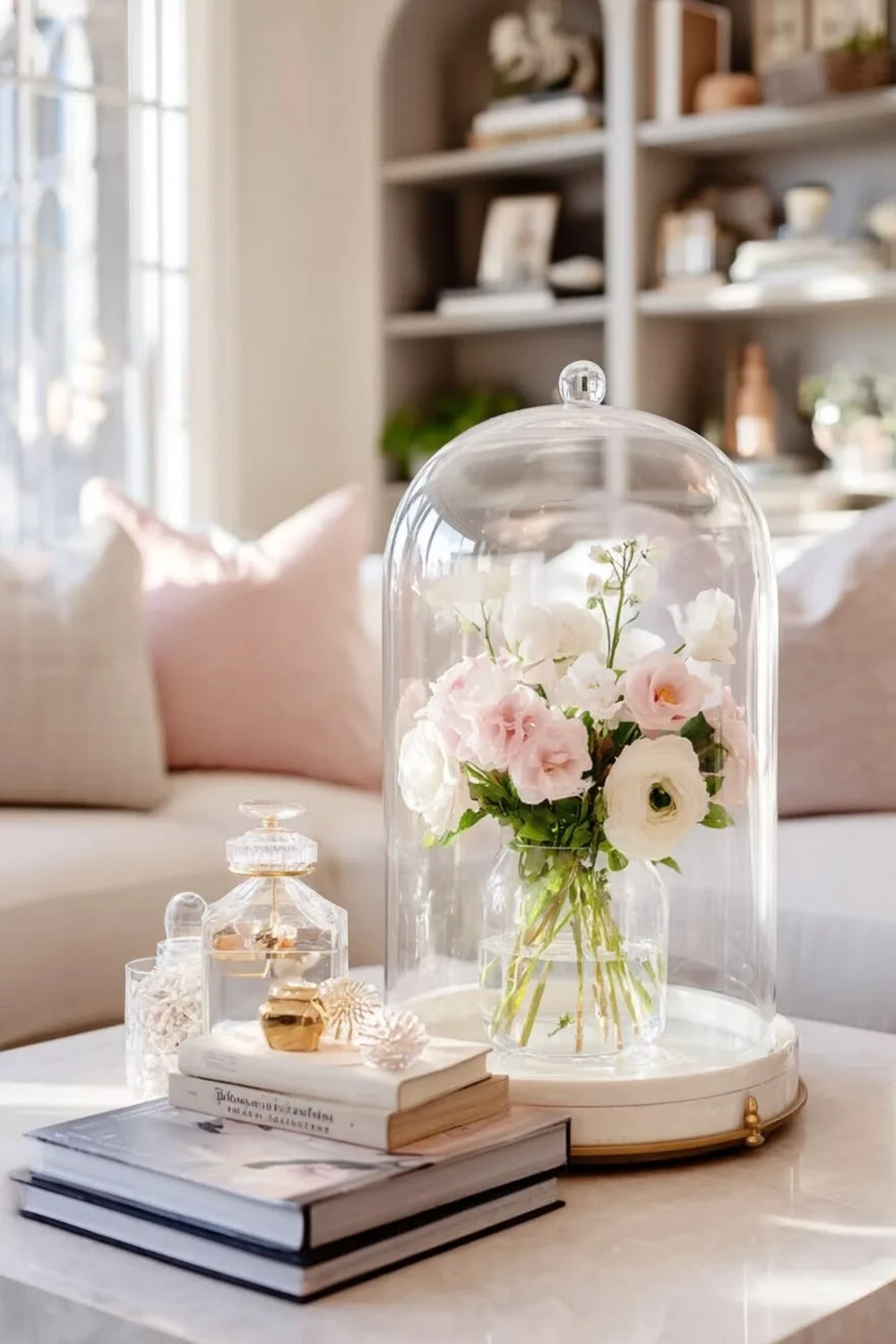 a glass cloche on coffee table