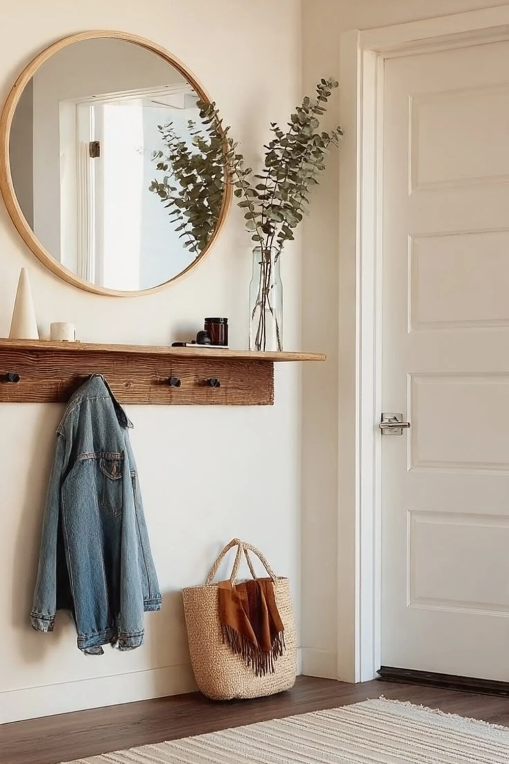 a small entryway with a floating shelf
